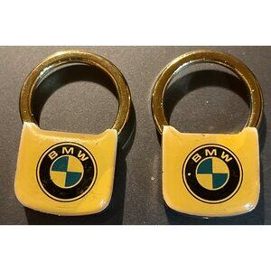 Set Of 2 Ganley BMW Keychain Rings Yellow w/ Logo & Contact Info, Metal Design